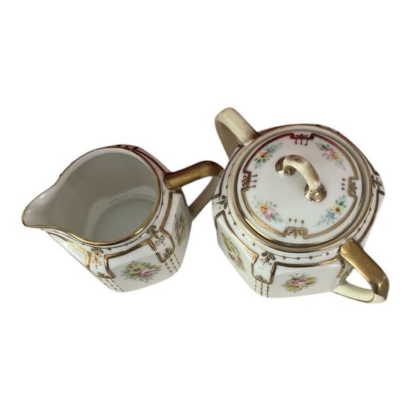 Nippon Japan Antique 24k Hand Painted Rose Pattern Sugar and Creamer Porcelain - Picture 4 of 11